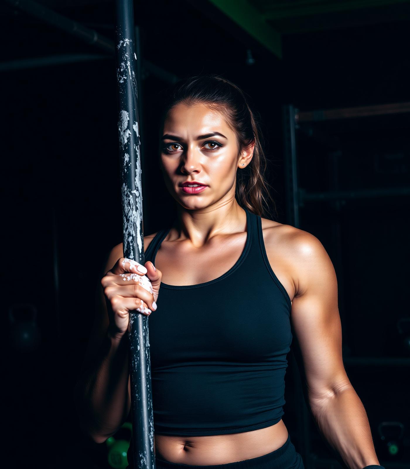 Atleta focada segurando barra com magnésio dentro do CrossFit Selva
